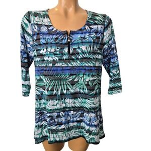 Onque Casuals Floral Blue Green Stripe Zip neck Print 3/4 Sleeve Top Women Large